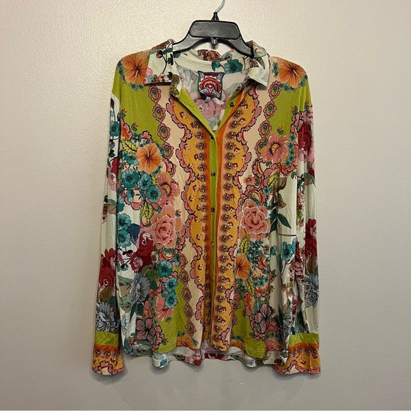 Johnny Was Rossey Floral Button-Down Size XL Blouse Yellow, Green, Pink - Picture 1 of 7